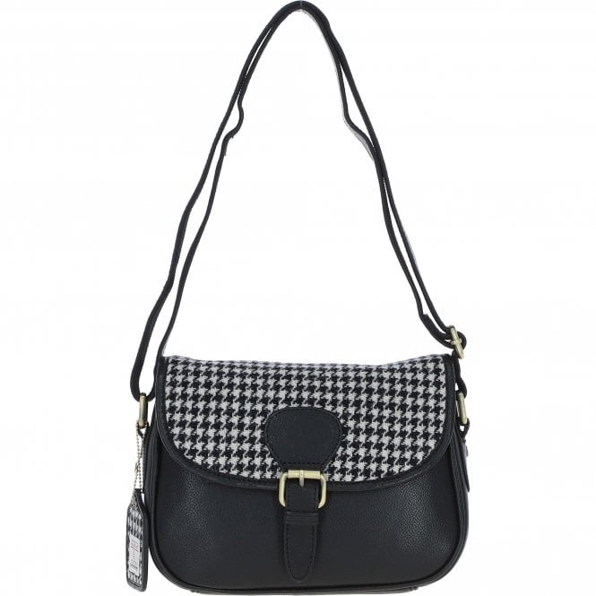 Ashwood Elegant Leather & Harris Tweed® Cloth Crossbody Bag Black/White: TW-27-012-BW