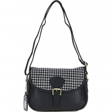 Elegant Ashwood Leather & Harris Tweed® Cloth Crossbody Bag Black/White: TW-27-012-BW