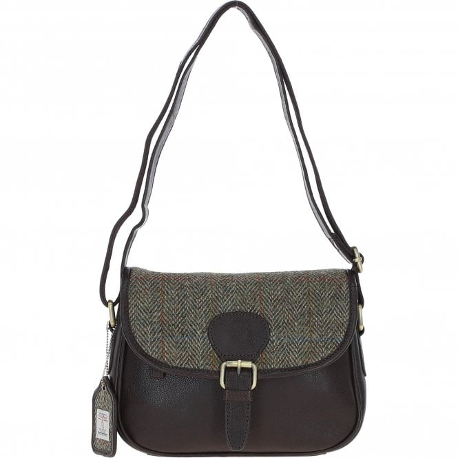 Ashwood Elegant Leather & Harris Tweed® Cloth Crossbody Bag Brown/Green: TW-27-09-BG