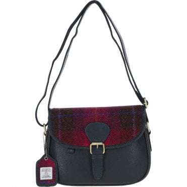 Elegant Ashwood Leather & Harris Tweed® Cloth Crossbody Bag Navy/Pink: TW-27-06-NP