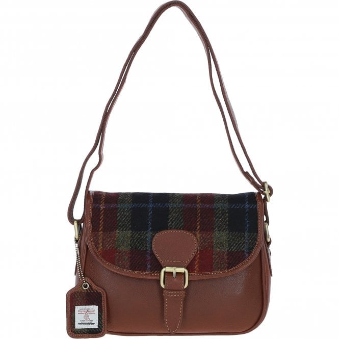 Ashwood Elegant Leather & Harris Tweed® Cloth Crossbody Bag Tan/Green/Red: TW-27-08-TR