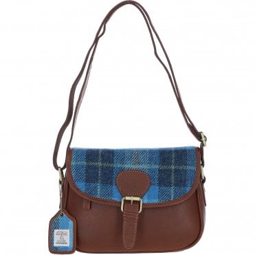 Elegant Ashwood Leather & Harris Tweed® Cloth Crossbody Bag Tan/LT Blue: TW-27-05-TB
