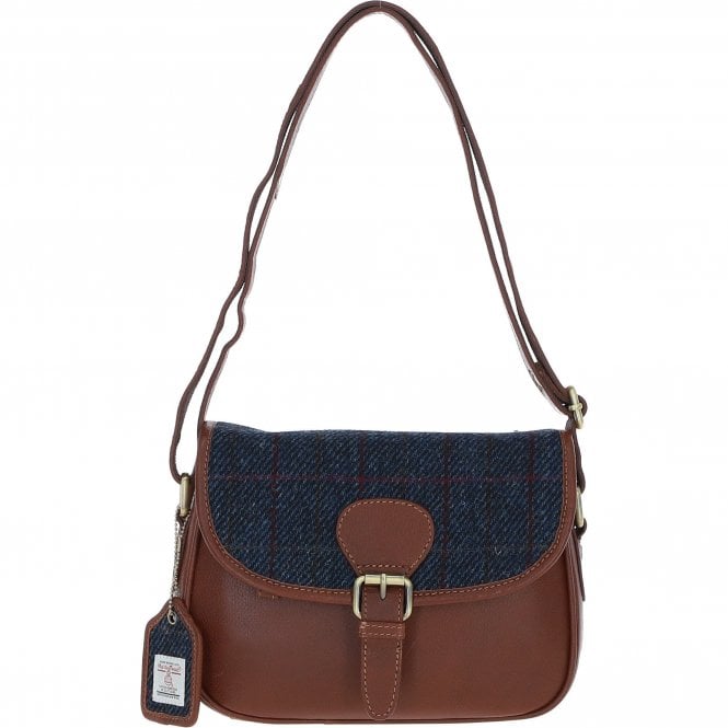 Ashwood Elegant Leather & Harris Tweed® Cloth Crossbody Bag Tan/Navy: TW-27-011-TN