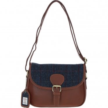 Elegant Ashwood Leather & Harris Tweed® Cloth Crossbody Bag Tan/Navy: TW-27-011-TN
