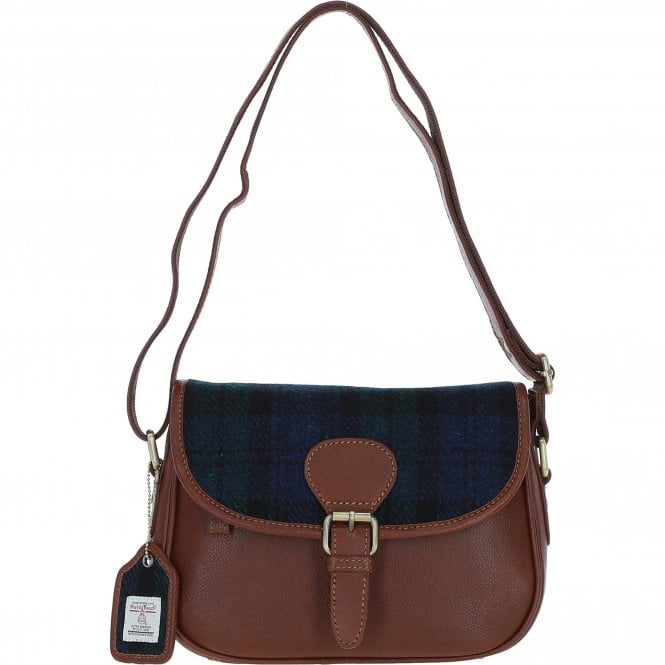 Ashwood Elegant Leather & Harris Tweed® Cloth Crossbody Bag Tan/Watch: TW-27-04-TW