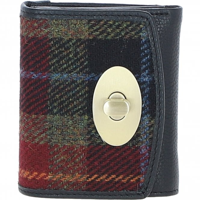 Ashwood Elegant Leather & Harris Tweed® Cloth Trifold Twist-Lock Purse Black/Green/Red: TW-10-07-BR