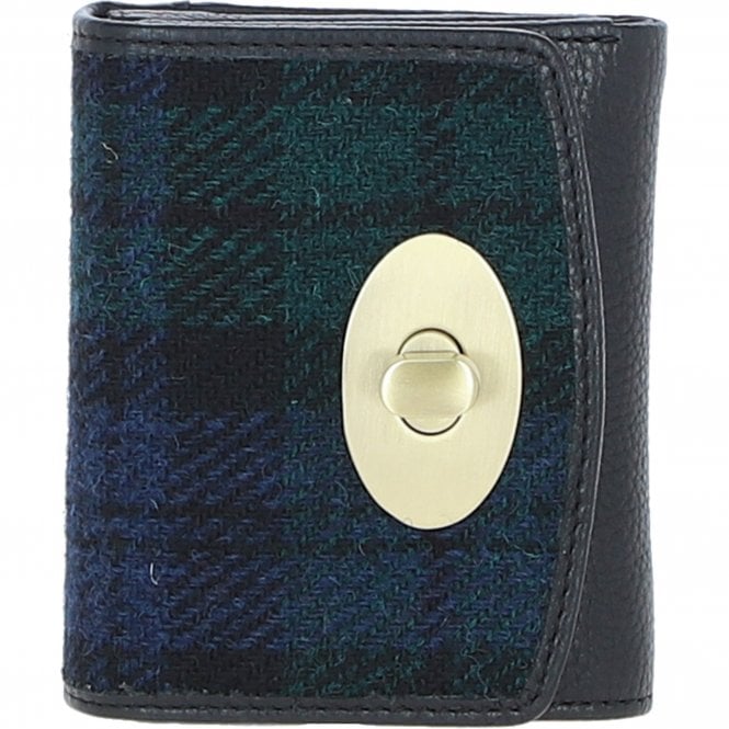 Ashwood Elegant Leather & Harris Tweed® Cloth Trifold Twist-Lock Purse Black/Watch: TW-10-03-BW