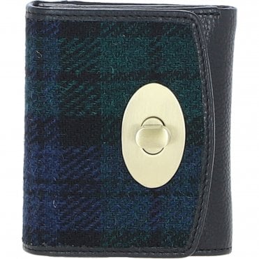 Elegant Ashwood Leather & Harris Tweed® Cloth Trifold Twist-Lock Purse Black/Watch: TW-10-03-BW