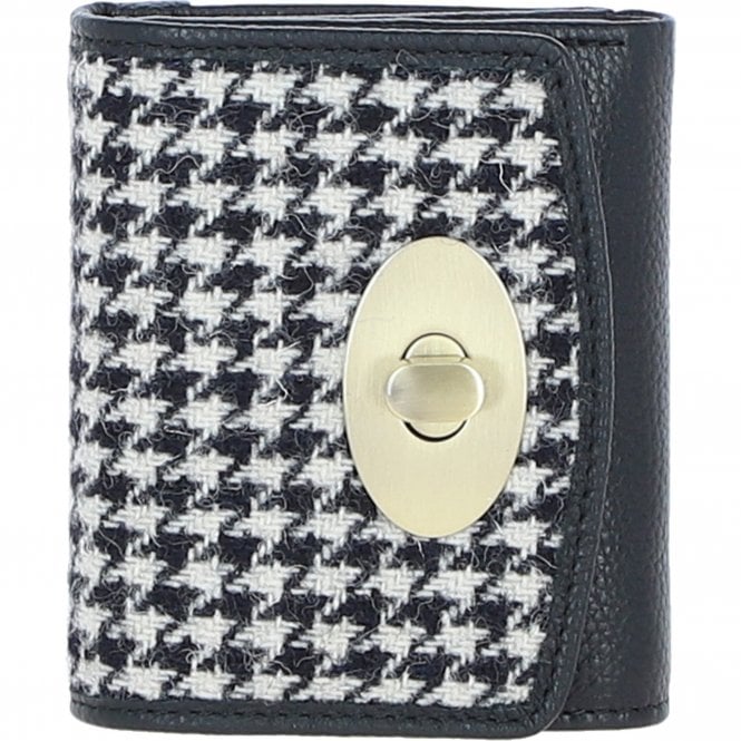 Ashwood Elegant Leather & Harris Tweed® Cloth Trifold Twist-Lock Purse Black/White: TW-10-12-BW