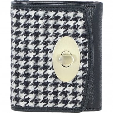 Elegant Ashwood Leather & Harris Tweed® Cloth Trifold Twist-Lock Purse Black/White: TW-10-12-BW