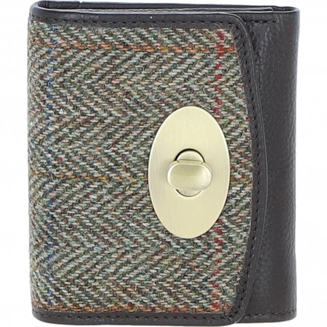Ashwood Elegant Leather & Harris Tweed® Cloth Trifold Twist-Lock Purse Brown/Green: TW-10-09-BG