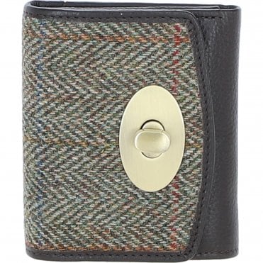 Elegant Ashwood Leather & Harris Tweed® Cloth Trifold Twist-Lock Purse Brown/Green: TW-10-09-BG