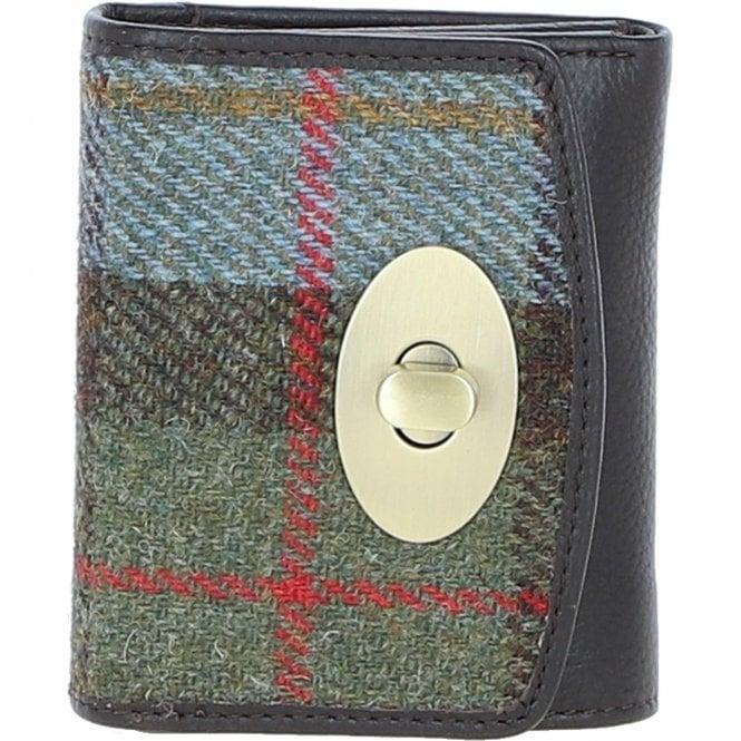 Ashwood Elegant Leather & Harris Tweed® Cloth Trifold Twist-Lock Purse Brown/Mcload: TW-10-01-BM