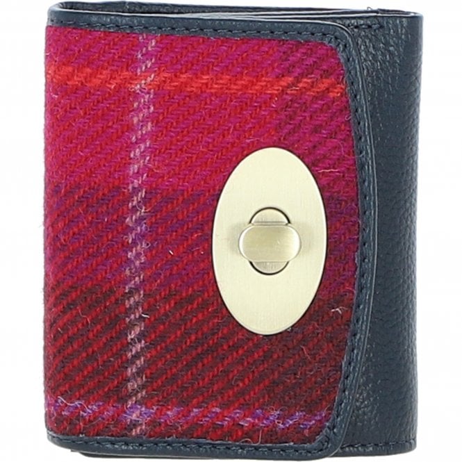 Ashwood Elegant Leather & Harris Tweed® Cloth Trifold Twist-Lock Purse Navy/Pink: TW-10-06-NP