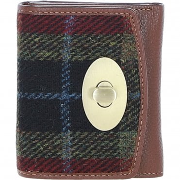 Elegant Ashwood Leather & Harris Tweed® Cloth Trifold Twist-Lock Purse Tan/Green/Red: TW-10-08-TR