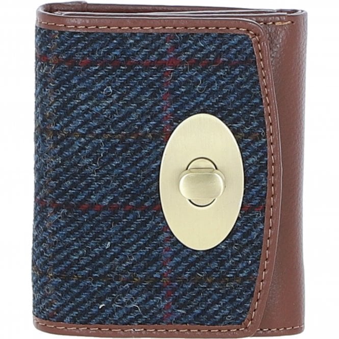 Ashwood Elegant Leather & Harris Tweed® Cloth Trifold Twist-Lock Purse Tan/Navy: TW-10-11-TN