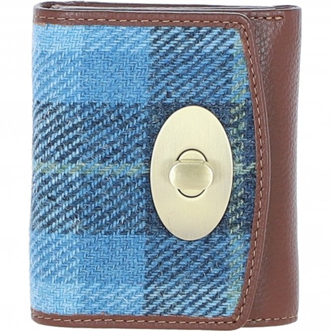 Ashwood Elegant Leather & Harris Tweed® Cloth Trifold Twist-Lock Purse Tan/TL Blue: TW-10-05-TB