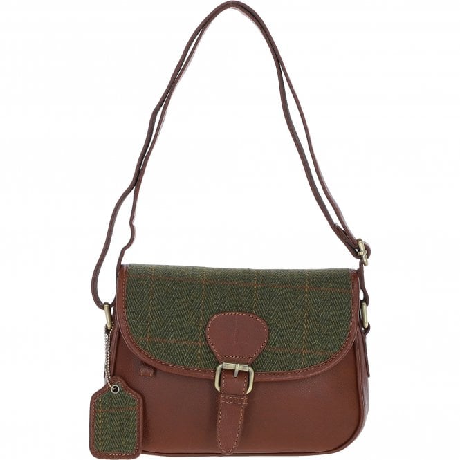 Ashwood Elegant Leather & Tweed Crossbody Bag Tan/Green Check: TW-27-010-TGNH