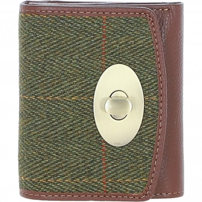 Ashwood Elegant Leather & Tweed Trifold Twist-Lock Purse Tan/Green Check: TW-10-10-TGNH