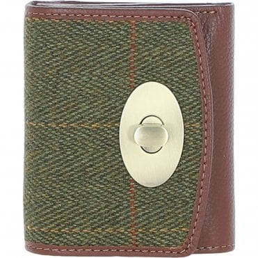 Elegant Ashwood Leather & Tweed Trifold Twist-Lock Purse Tan/Green Check: TW-10-10-TGNH