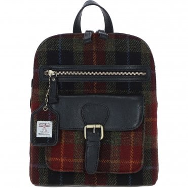 Exquisite Ashwood Leather & Harris Tweed® Cloth Backpack Black/Green/Red: TW-25-07-BR