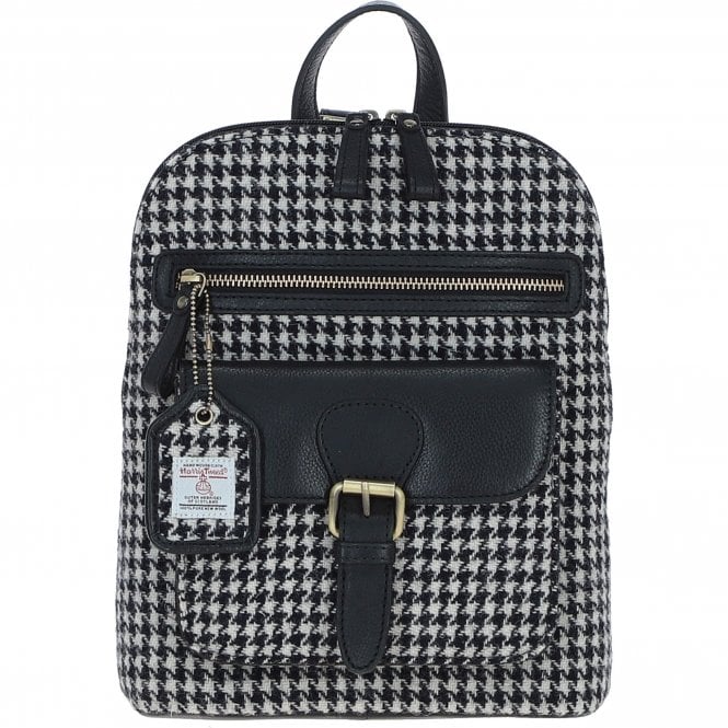 Ashwood Exquisite Leather & Harris Tweed® Cloth Backpack Black/White: TW-25-012-BW