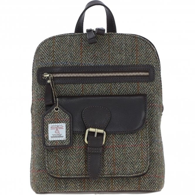 Ashwood Exquisite Leather & Harris Tweed® Cloth Backpack Brown/Green: TW-25-09-BG