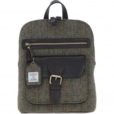 Exquisite Ashwood Leather & Harris Tweed® Cloth Backpack Brown/Green: TW-25-09-BG