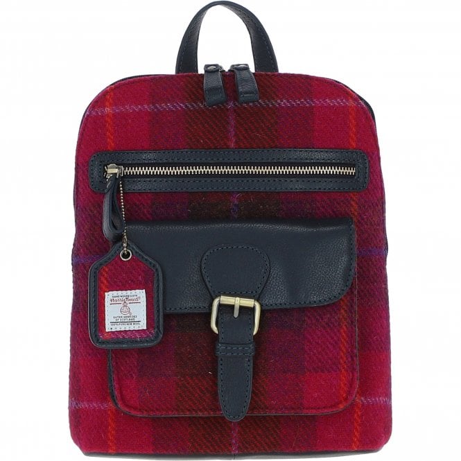 Ashwood Exquisite Leather & Harris Tweed® Cloth Backpack Navy/Pink: TW-25-06-NP