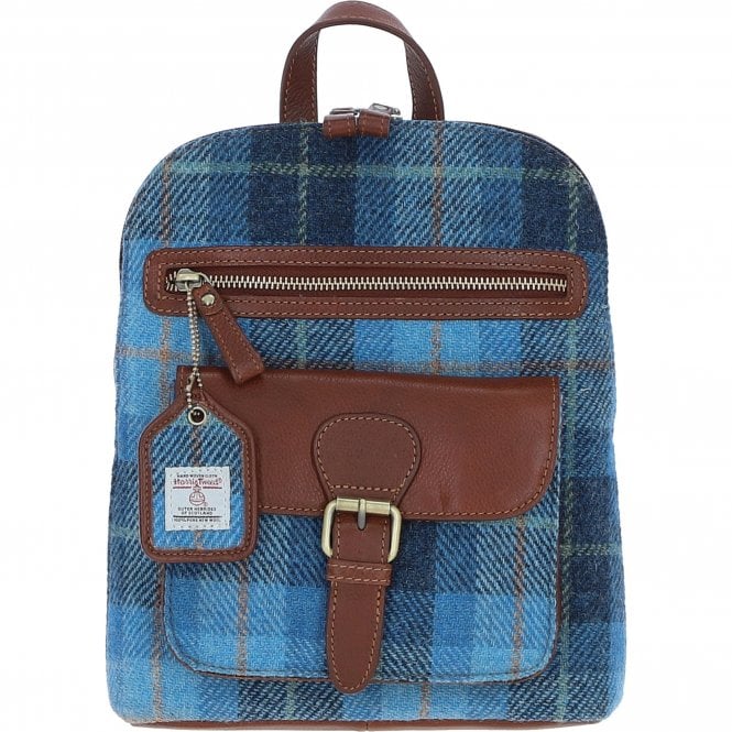 Ashwood Exquisite Leather & Harris Tweed® Cloth Backpack Tan/LT Blue: TW-25-05-TB