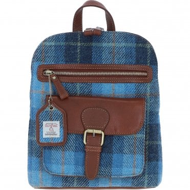 Exquisite Ashwood Leather & Harris Tweed® Cloth Backpack Tan/LT Blue: TW-25-05-TB