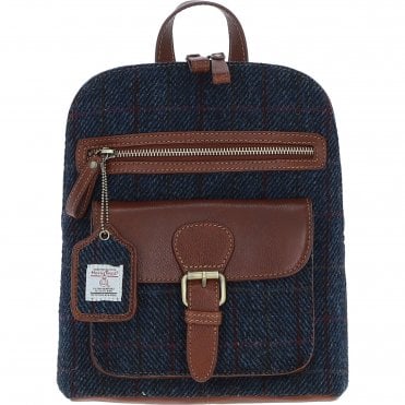 Exquisite Ashwood Leather & Harris Tweed® Cloth Backpack Tan/Navy: TW-25-011-TN