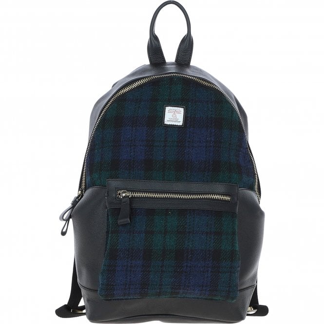 Ashwood Exquisite Leather & Harris Tweed® Cloth Large Rucksack Black/Watch: TW-43-03-BW