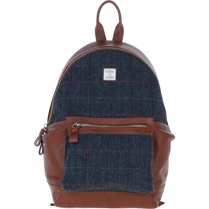 Ashwood Exquisite Leather & Harris Tweed® Cloth Large Rucksack Tan/Navy: TW-43-11-TN