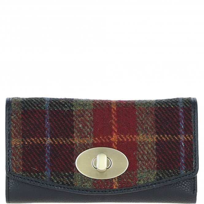 Ashwood Exquisite Leather & Harris Tweed® Cloth Twist-Lock Purse Black/Green/Red: TW-11-07-BR