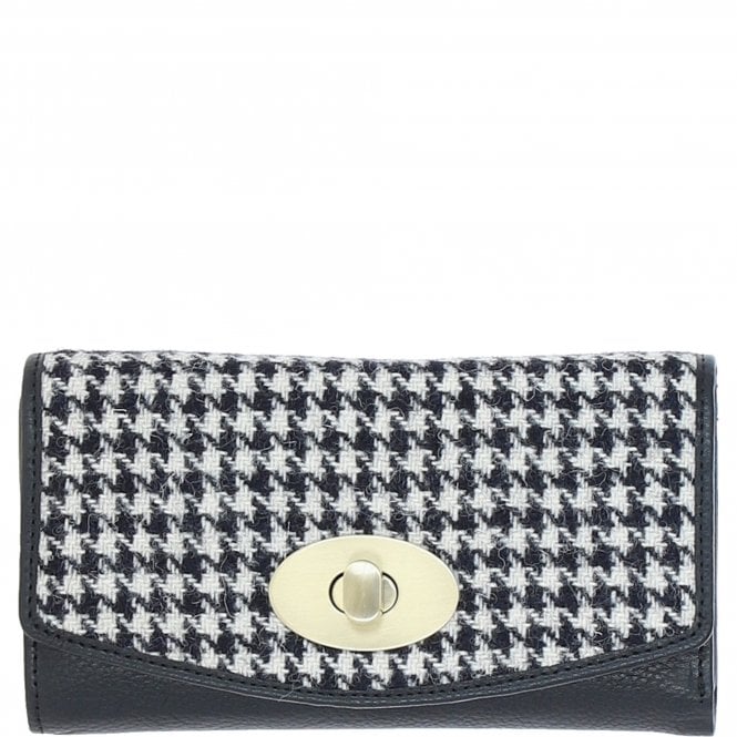 Ashwood Exquisite Leather & Harris Tweed® Cloth Twist-Lock Purse Black/White: TW-11-12-BW