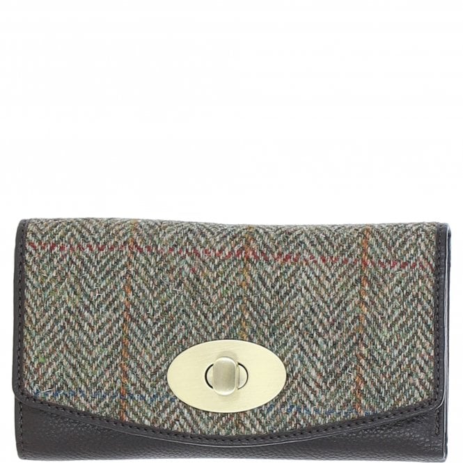 Ashwood Exquisite Leather & Harris Tweed® Cloth Twist-Lock Purse Brown/Green: TW-11-09-BG