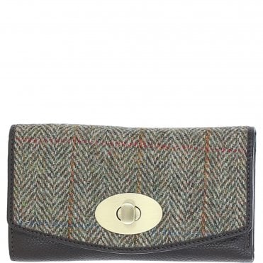 Exquisite Ashwood Leather & Harris Tweed® Cloth Twist-Lock Purse Brown/Green: TW-11-09-BG