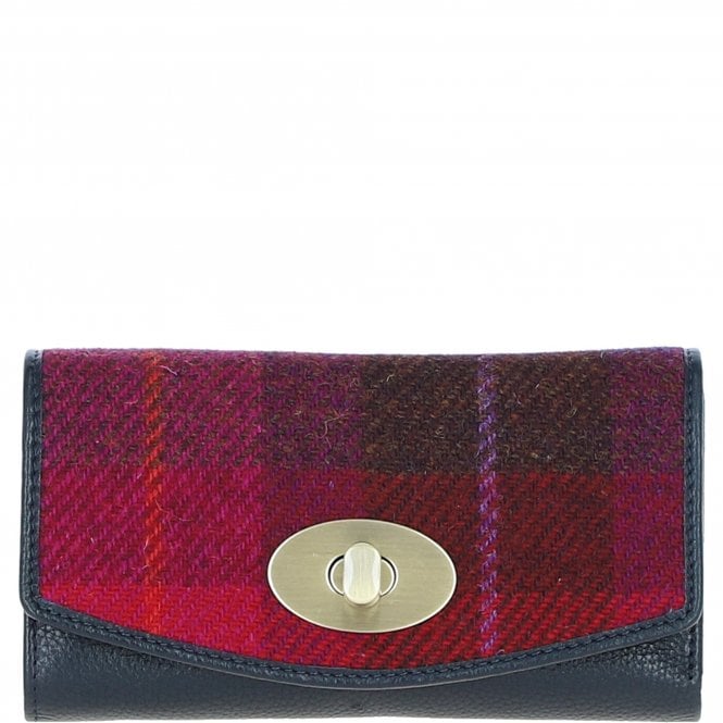 Ashwood Exquisite Leather & Harris Tweed® Cloth Twist-Lock Purse Navy/Pink: TW-11-06-NP
