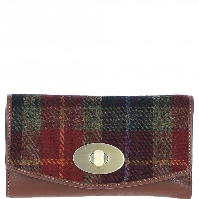 Ashwood Exquisite Leather & Harris Tweed® Cloth Twist-Lock Purse Tan/Green/Red: TW-11-08-TR