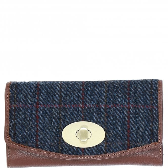 Ashwood Exquisite Leather & Harris Tweed® Cloth Twist-Lock Purse Tan/Navy: TW-11-11-TN