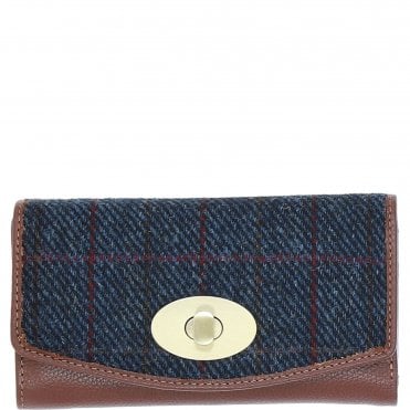 Exquisite Ashwood Leather & Harris Tweed® Cloth Twist-Lock Purse Tan/Navy: TW-11-11-TN