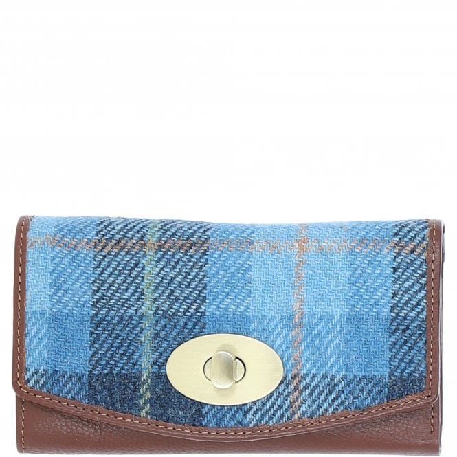 Ashwood Exquisite Leather & Harris Tweed® Cloth Twist-Lock Purse Tan/TL Blue: TW-11-05-TB