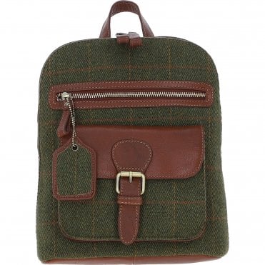 Exquisite Ashwood Leather & Tweed Backpack Tan/Green Check: TW-25-010-TGNH