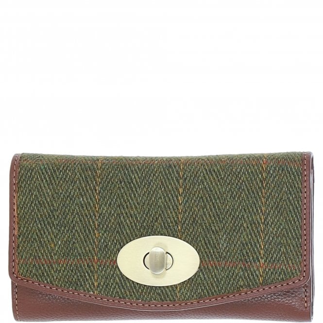 Ashwood Exquisite Leather & Tweed Twist-Lock Purse Tan/Green Check: TW-11-10-TGNH