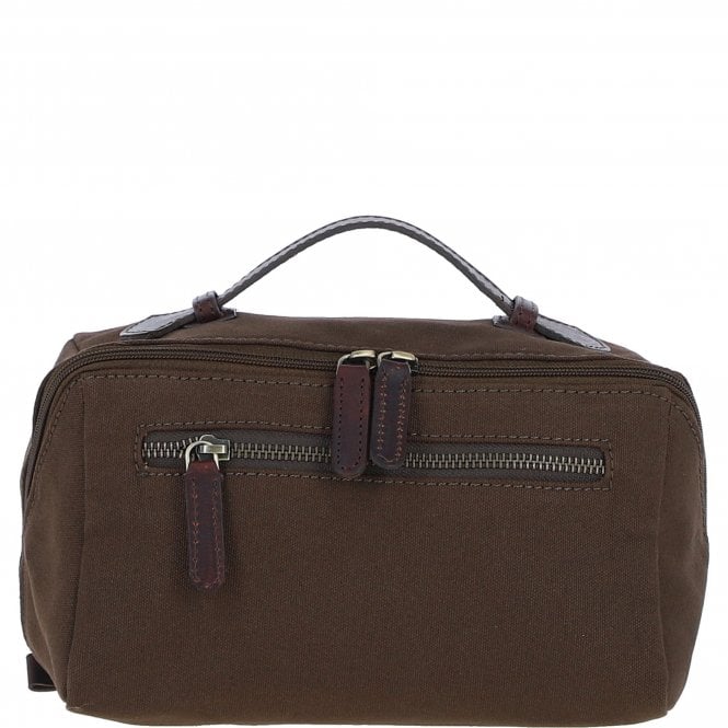 Fenland Canvas & Leather Wash Bag Brandy/green: FEN-759