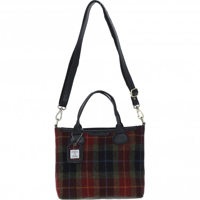 Ashwood Versatile Leather & Harris Tweed® Cloth Shoulder Bag Black/Green/Red: TW-22-07-BR