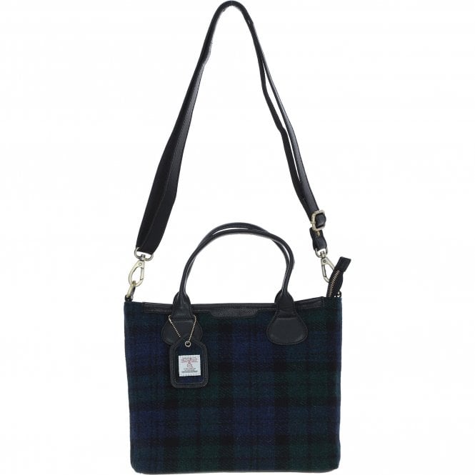 Ashwood Versatile Leather & Harris Tweed® Cloth Shoulder Bag Black/Watch: TW-22-03-BW