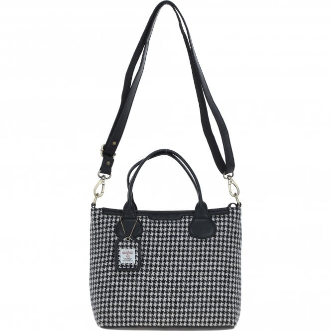 Ashwood Versatile Leather & Harris Tweed® Cloth Shoulder Bag Black/White: TW-22-012-BW