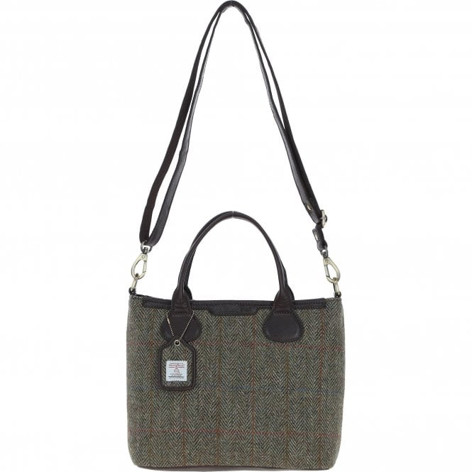 Ashwood Versatile Leather & Harris Tweed® Cloth Shoulder Bag Brown/Green: TW-22-09-BG